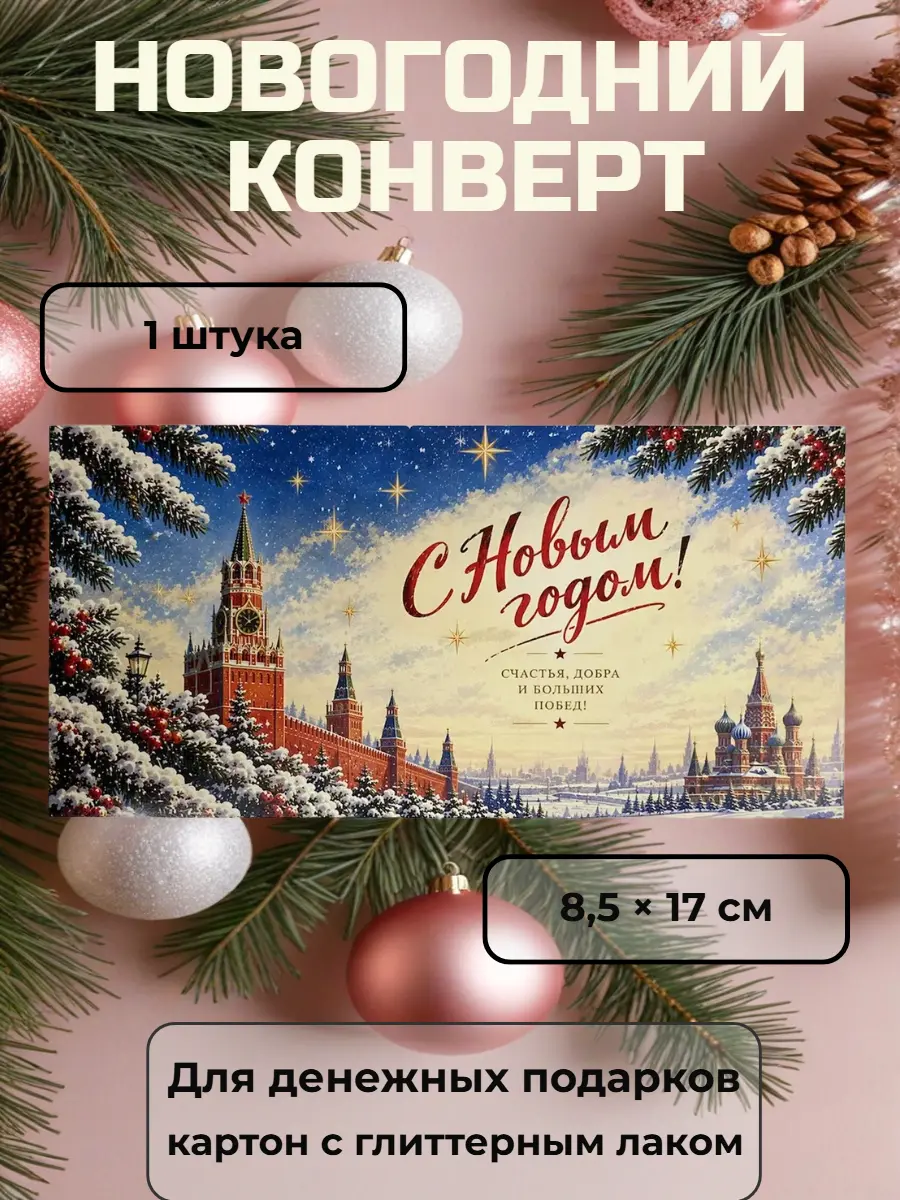 Нажмите, чтобы увеличить Новогодний конверт для денег "С Новым годом!“, 8,5×17 см, картон с глиттерным лаком, 1 шт.