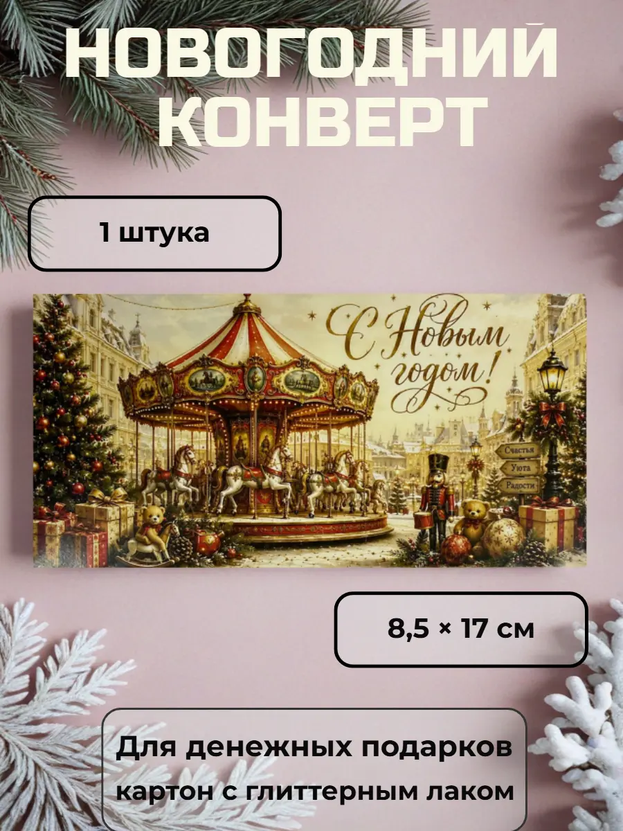 Нажмите, чтобы увеличить Конверт для денежного подарка с каруселью и новогодними игрушками, 8,5х17 см